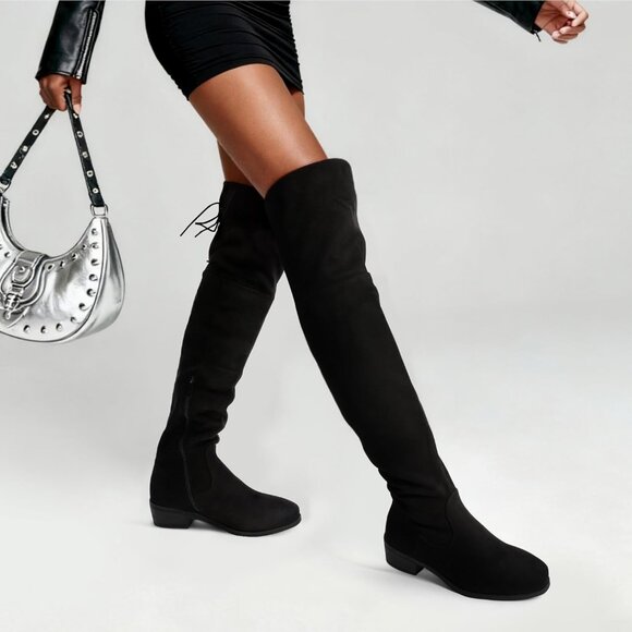 Women's Black Textile Over The Knee High Low Block Heel Pointed Toe Riding Boots - Picture 7 of 7